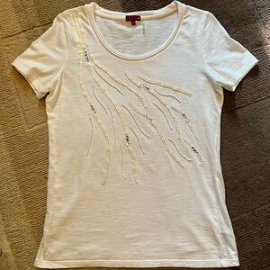 VTG Po Pori White Cotton Hand Embroidered Sequin Tee Size M
